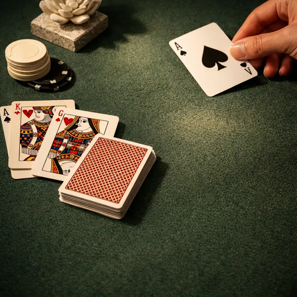 Sorgfältig arrangierte Spielkarten und Chips auf einer dunkelgrünen Tischoberfläche