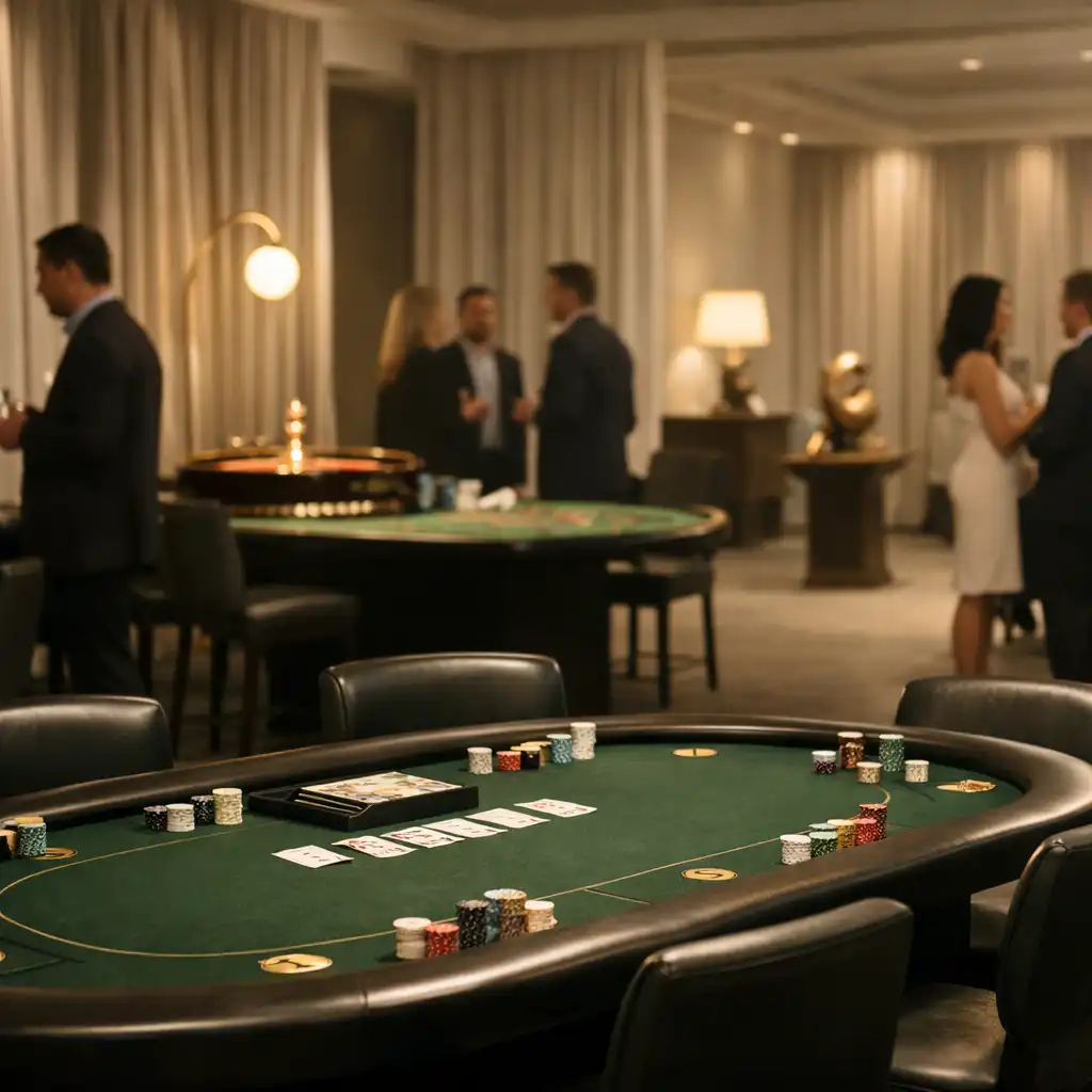 Mehrere klassische Spieltische in einem großzügigen Eventraum mit warmem Licht