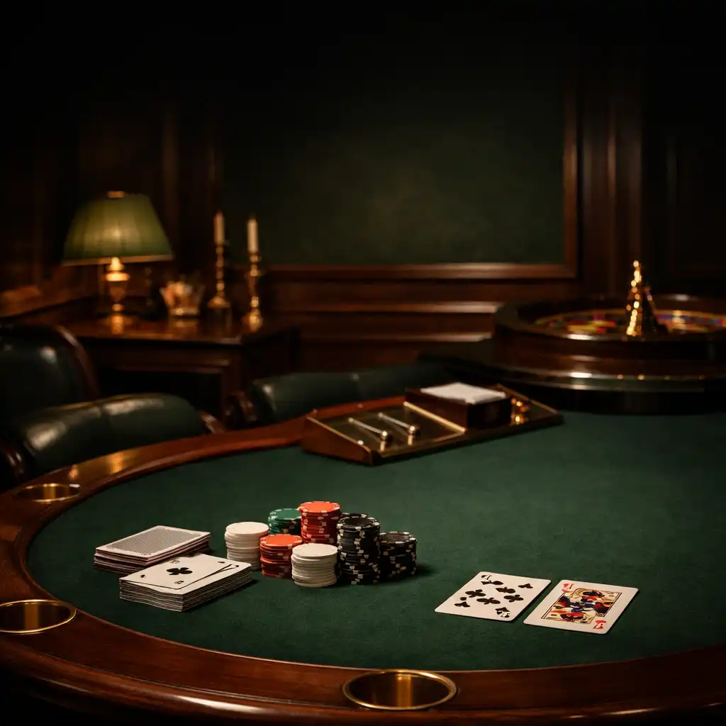Elegante casino-inspirierte Tischinstallation mit grüner Filzfläche, Karten und Chips unter warmem Licht.
