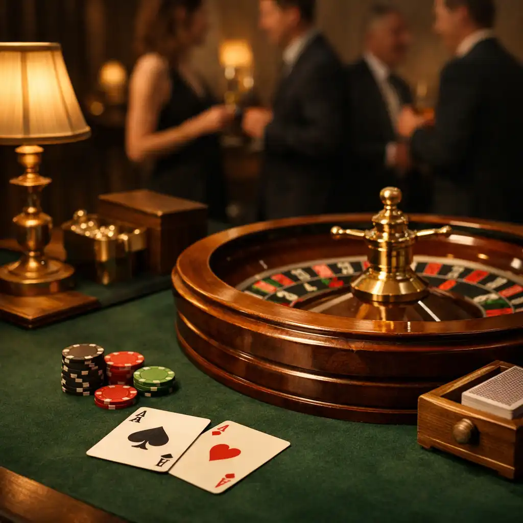 Waldgrüne Tischfläche mit physischem Roulette-Aufbau, Karten und Chips in einer eleganten Themeninstallation