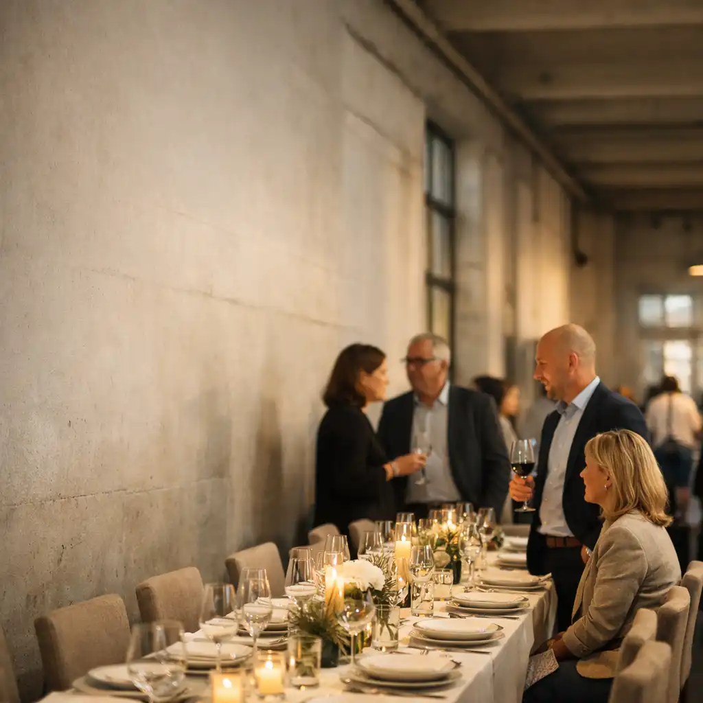 Helle Firmenveranstaltung an einer langen Tafel mit Gästen im Gespräch und warmem Licht