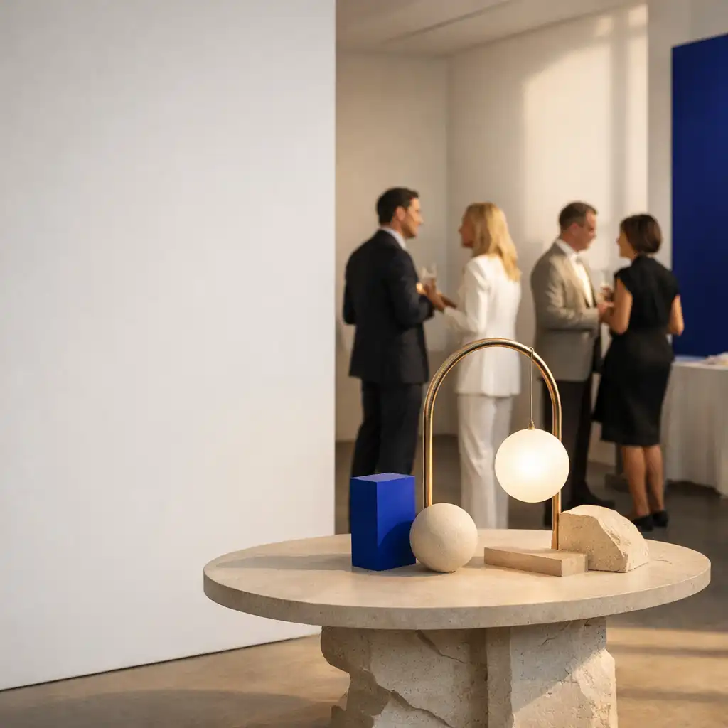 Galerieartige Rauminszenierung mit Tischinstallation und Gästen im Gespräch
