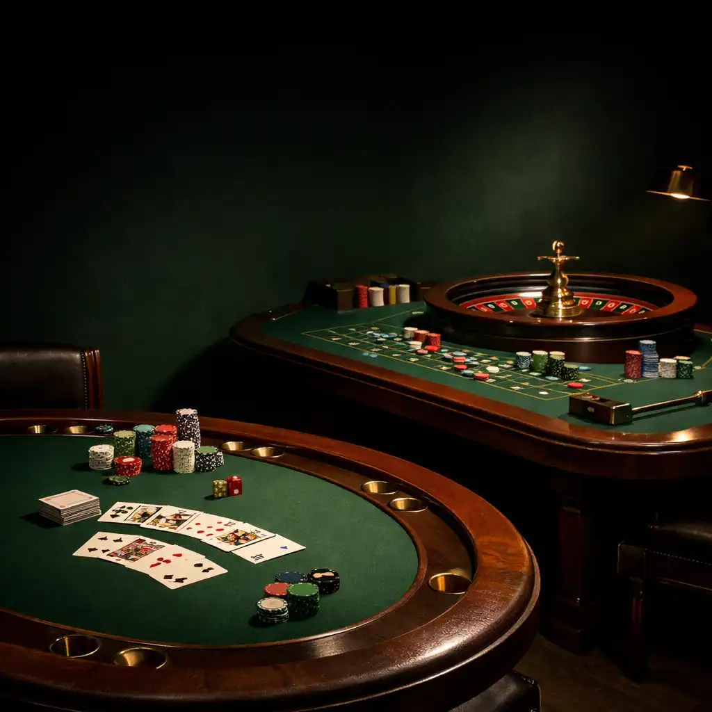 Physische Casino-inspirierte Installation mit Pokertisch, Roulettetisch, Karten und Chips in einem dunkelgrünen Raum