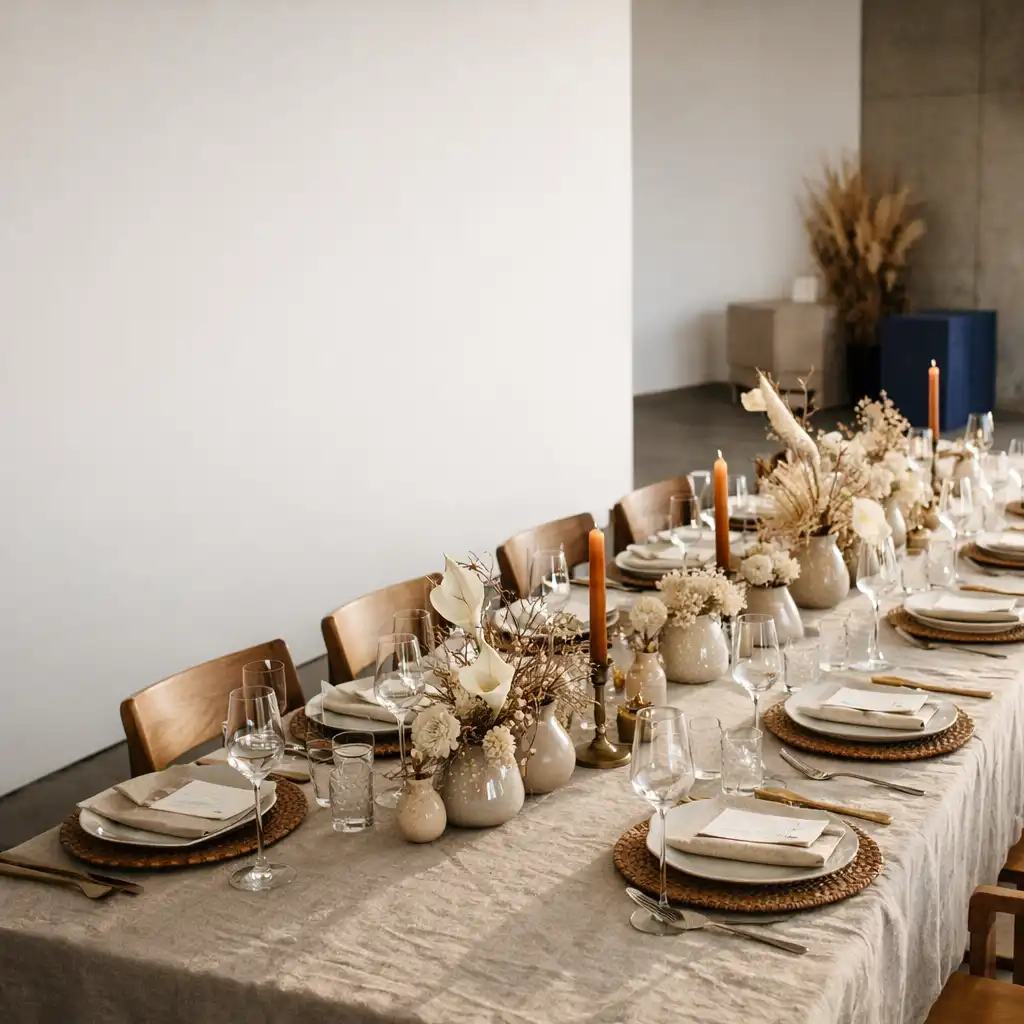 Vorbereitete private Tafel mit warmem Licht, floralen Akzenten und gedeckten Plätzen