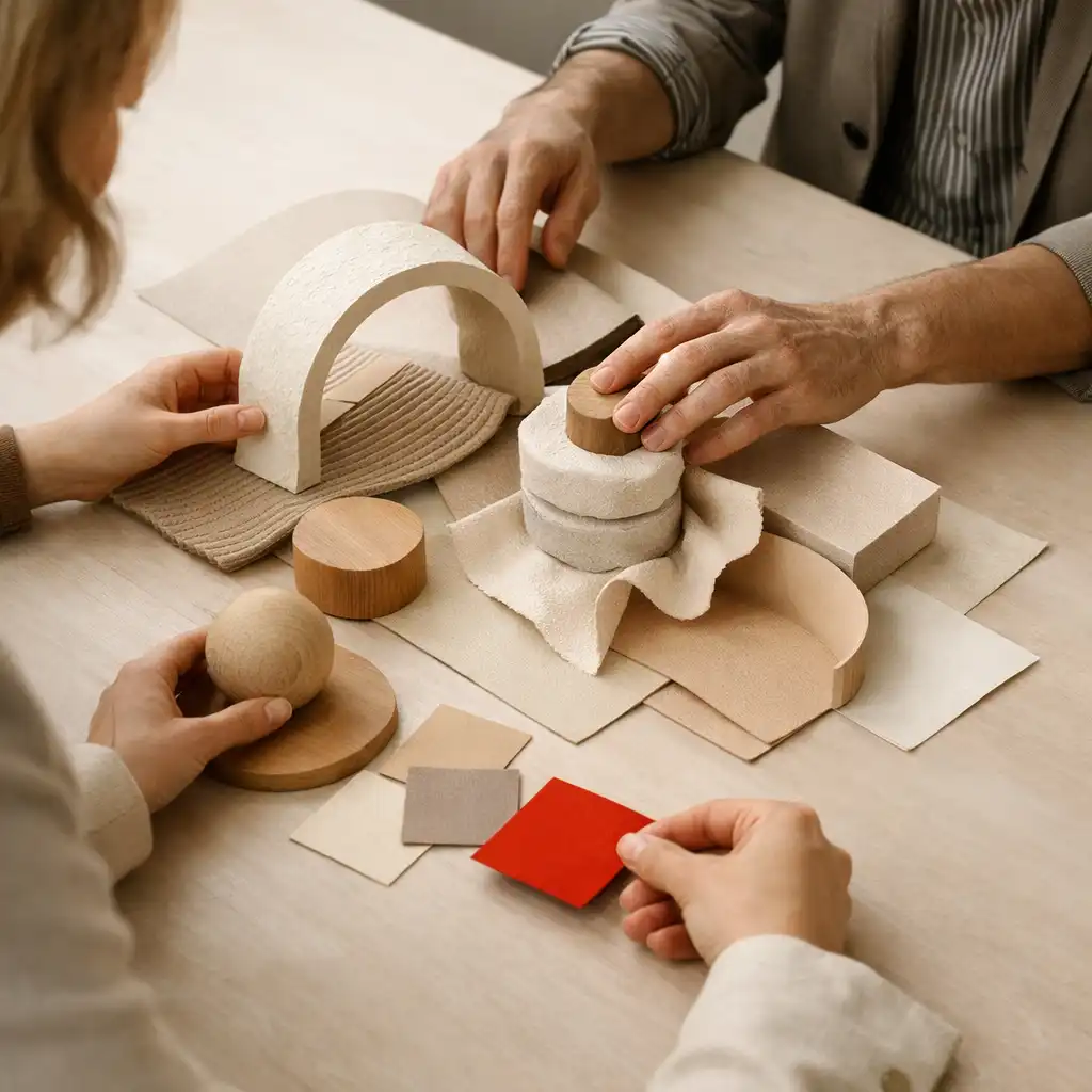 Mehrere Hände gestalten gemeinsam mit Papier, Stoff und Holz eine Materialanordnung.