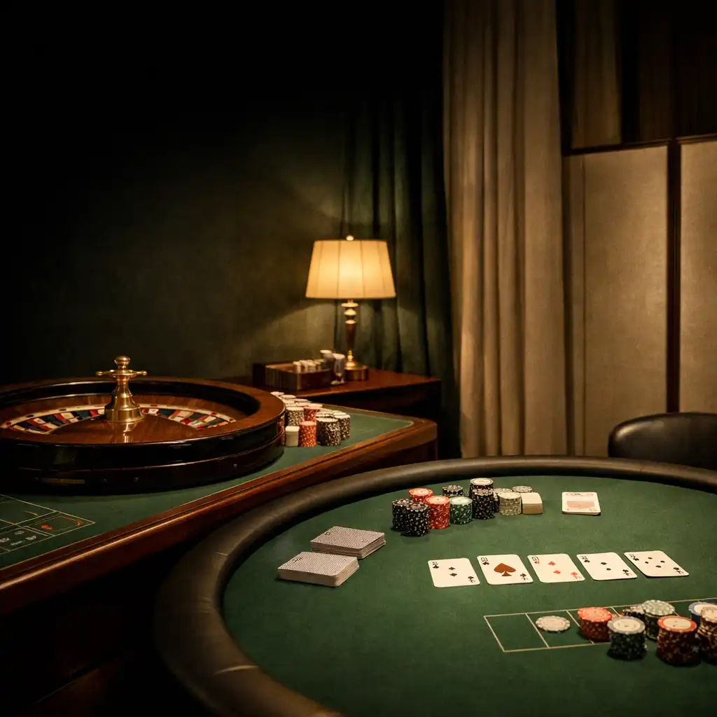 Künstlerisch gestalteter Raum mit Roulette- und Pokertisch, Karten, Chips und warmer Beleuchtung