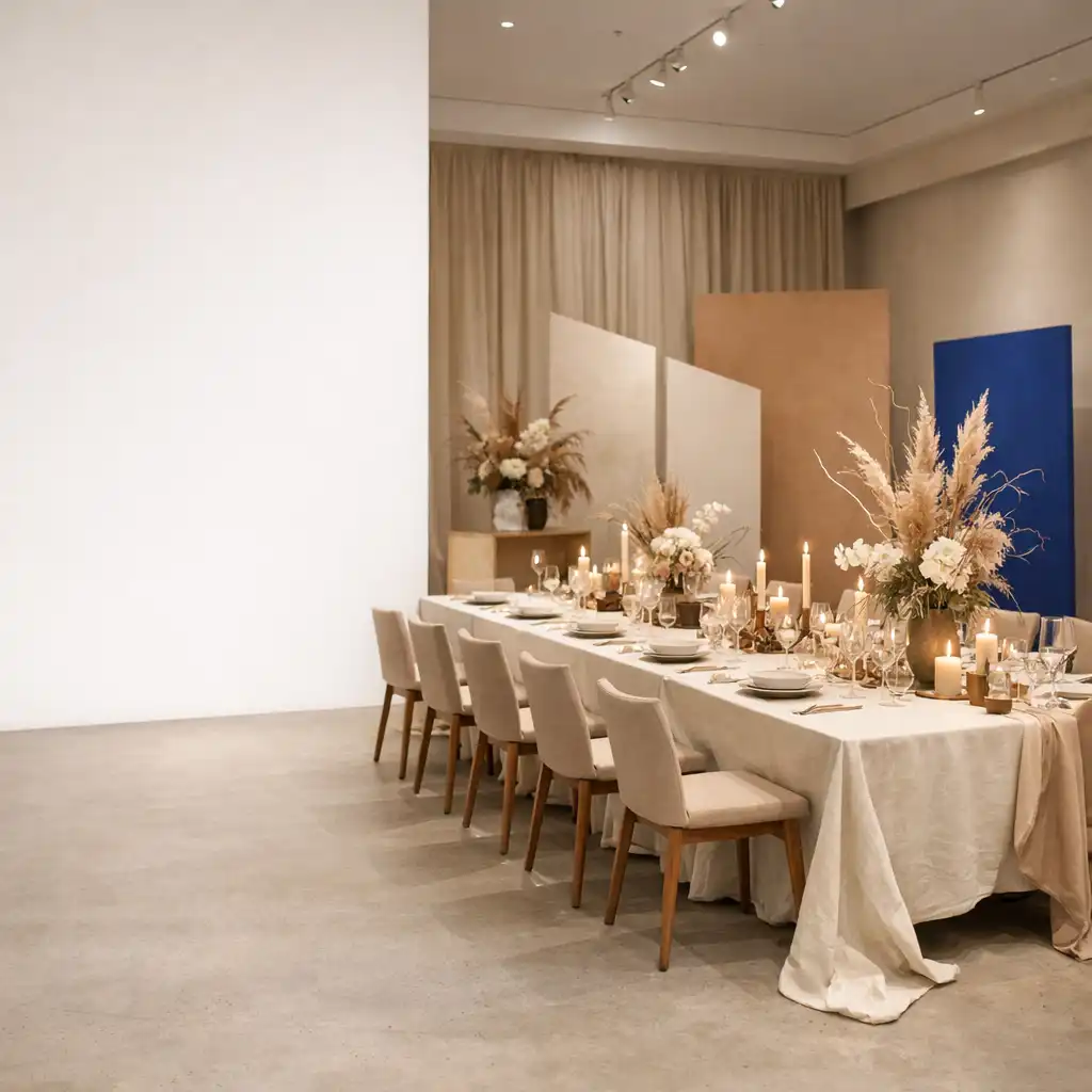 Ruhig inszenierter Veranstaltungsraum mit langer Tafel, floralen Objekten und gerichteter Beleuchtung